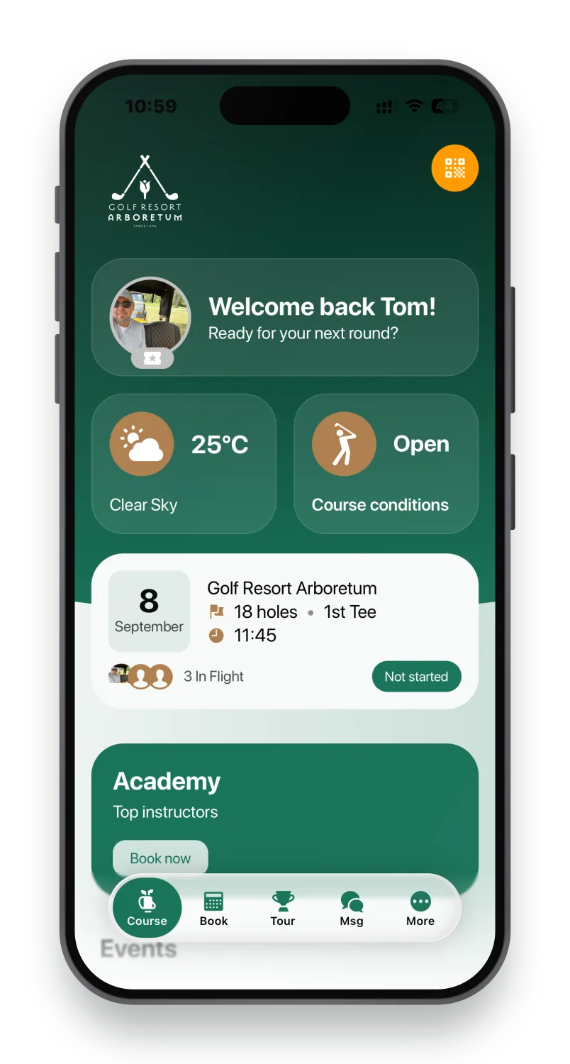 The Golf App home screen showing today's booking at Golf Resort Arboretum, 18 holes off the 1st tee at 11:45, with three players in the flight